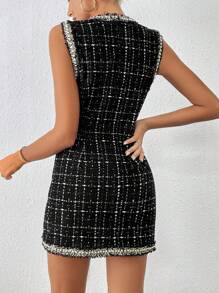 SHEIN Privé Plaid Pattern Raw Trim Double Breasted Dress - Black - View 2