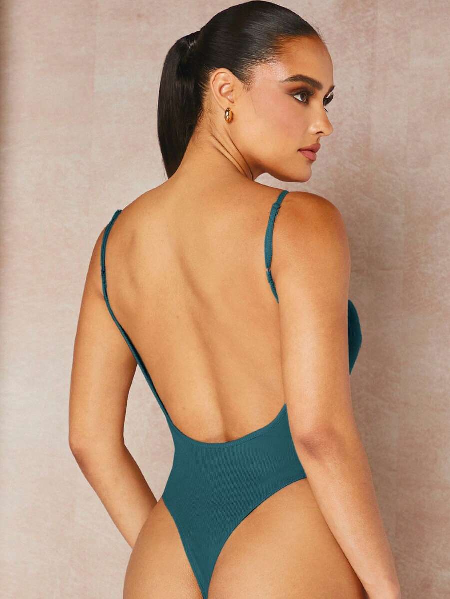 SHEIN BAE Solid Backless Cami Bodysuit - Teal Blue - View 1