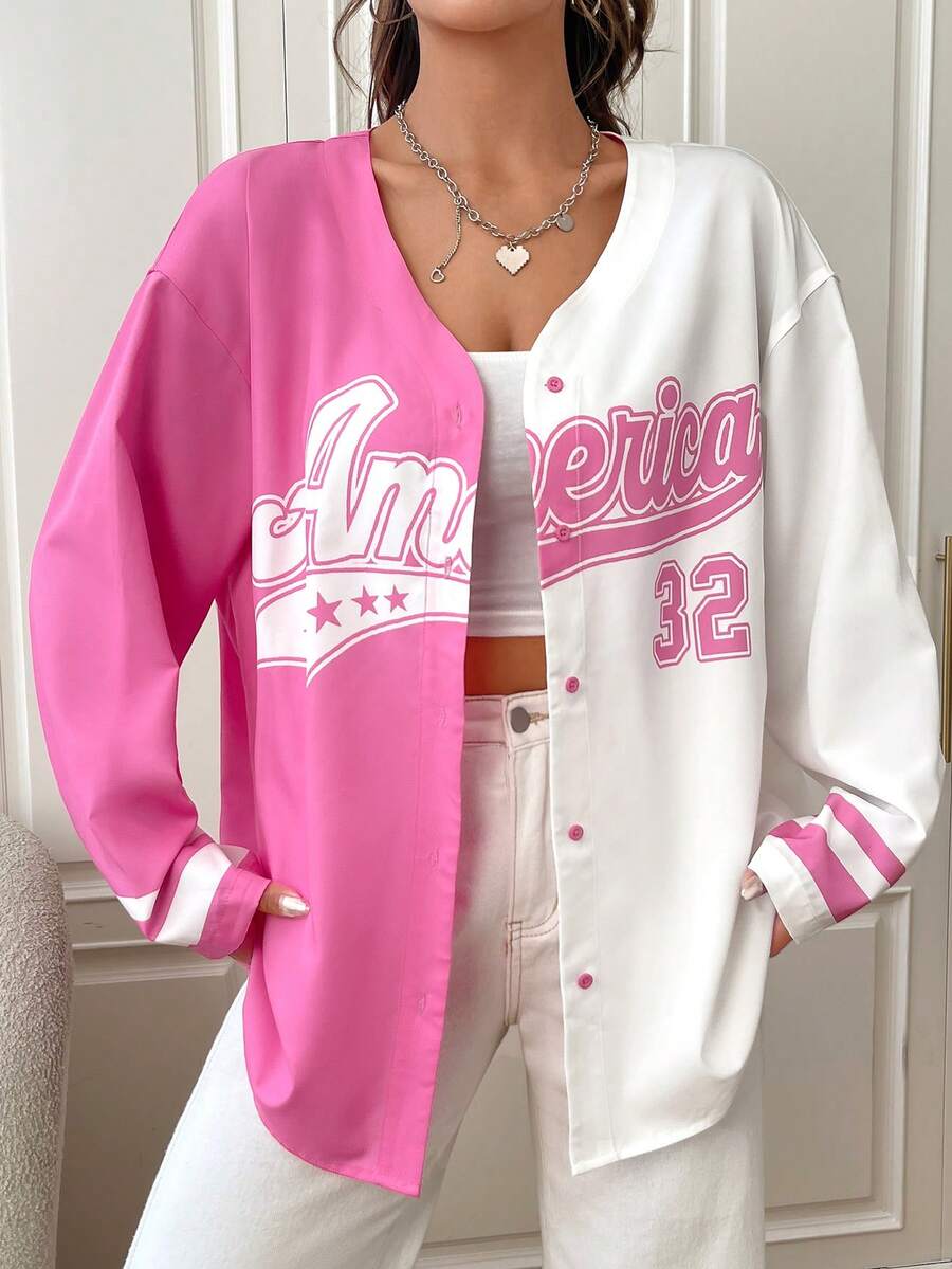 SHEIN EZwear Letter Graphic Two Tone Drop Shoulder Blouse - Multicolor - View 1