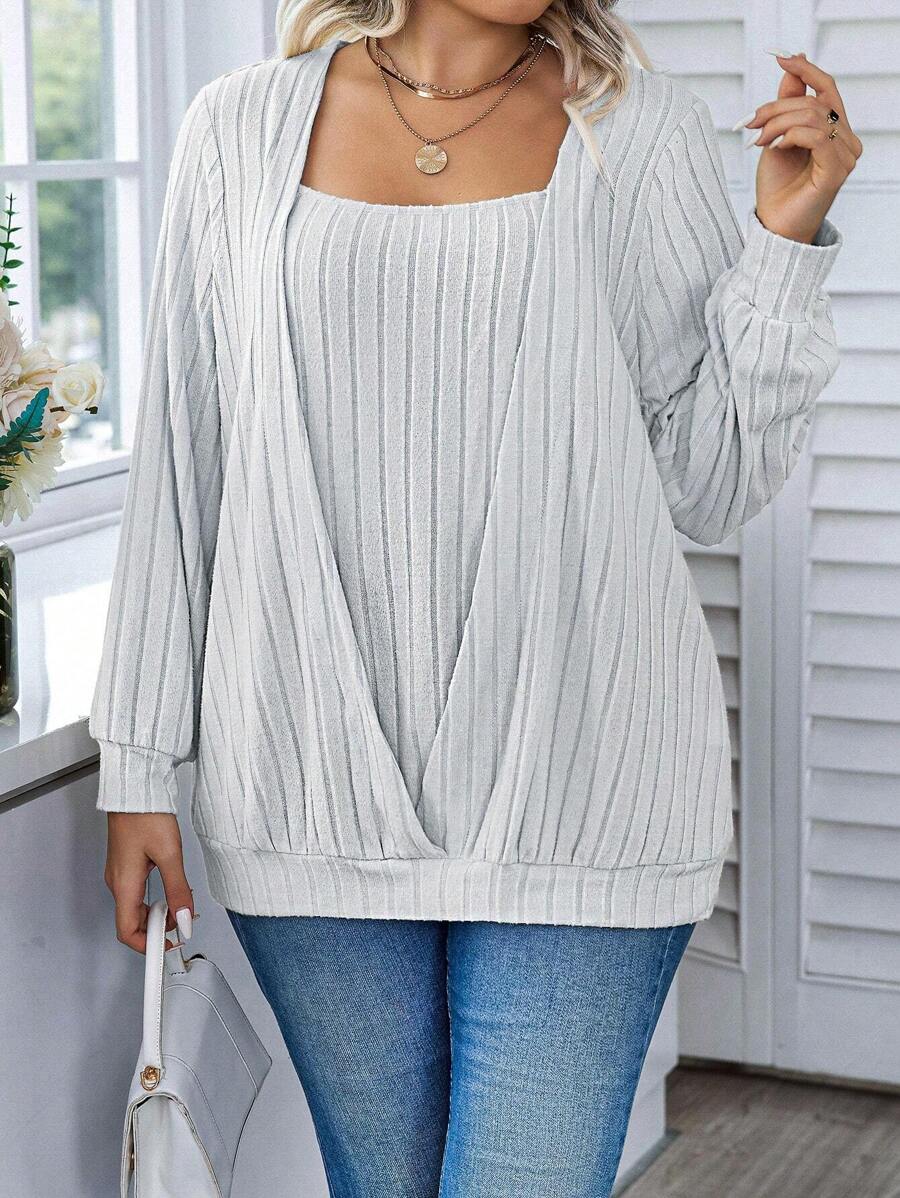 EMERY ROSE Plus Solid Ribbed Knit Sweatshirt Pullover Fall Outfit Winter Autumn