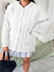 Flirla Plus Cable Knit Drop Shoulder Hooded Cardigan - Beige - View 4