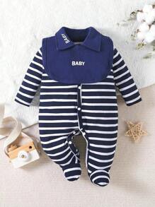 男嬰條紋和字母圖案二合一連身褲&帽 - 藏蓝色 - 查看 1