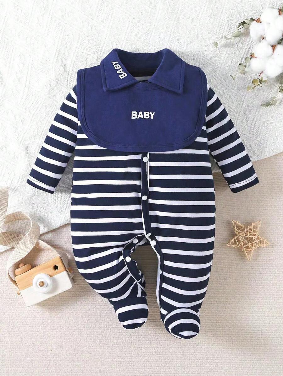 男嬰條紋和字母圖案二合一連身褲&帽 - 藏蓝色 - 查看 1