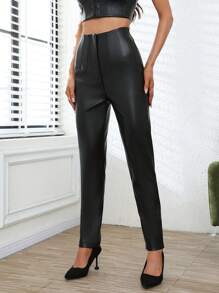 Aveloria High Waist PU Leather Pants - Black - View 1