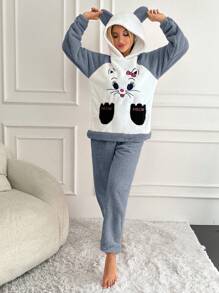 SHEIN Cottnline Cartoon Embroidery Raglan Sleeve 3D Ears Design Hooded Flannel PJ Set - Blue - View 3