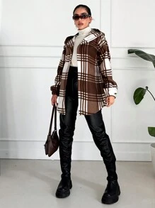 EURMUSE Women's Checked Hooded Regular Jacket - Coffee Brown - View 4