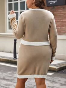SHEIN Unity Plus Contrast Trim Button Detail Sweater & Knit Skirt - Khaki - View 2