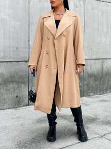 Flirla Hơn Đôi ngực Thắt lưng Áo khoác Trench - Màu Khaki - Xem 5