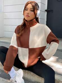 SHEIN Unity Khối màu Dây kéo Thả vai Áo nỉ - màu nâu - Xem 3