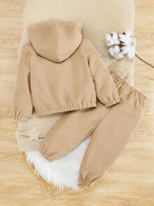 SHEIN Đứa bé trai Lót Teddy áo có mũ Áo khoác & Quần - Màu be - Xem 2