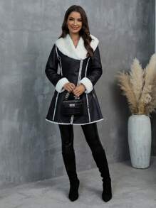 RELISH NOLESS Áo khoác da giả lông thú không đối xứng có khóa kéo dành cho nữ, Thu/Đông - màu đen - Xem 3