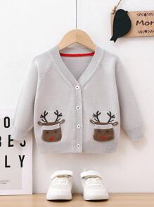 Baby Girls' Button-Front Cardigan With Reindeer Pattern And Raglan Sleeves Autumn Fall - Grey - View 1