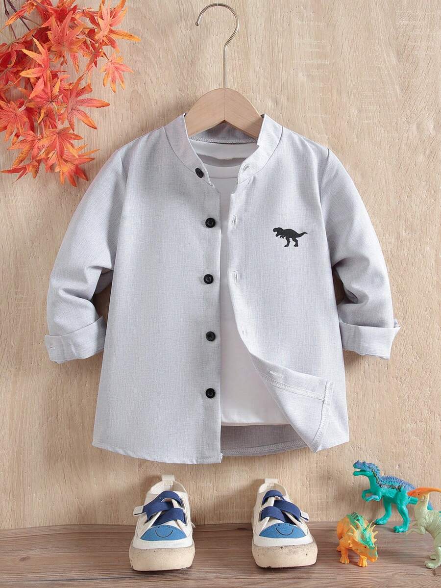 SHEIN Chàng trai trẻ In Khủng long Áo sơ mi Without Tee - Xám - Xem 1