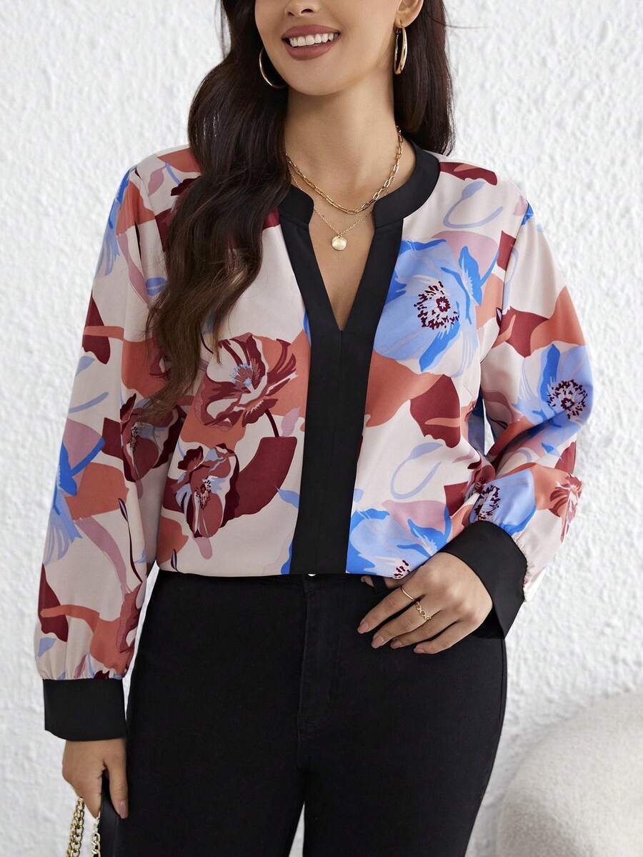 SHEIN Clasi 大碼印花缺口領拼接邊襯衫 - 淺粉色 - 查看 1