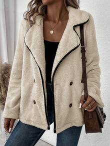SHEIN LUNE Contrast Binding Double Breasted Teddy Coat - Apricot - View 3