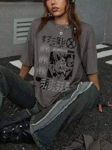 ROMWE Grunge Punk Áo thun tay ngắn in hình nhân vật hoạt hình Nhật Bản dành cho nữ, Trường học, Unisex - Xám - Xem 4