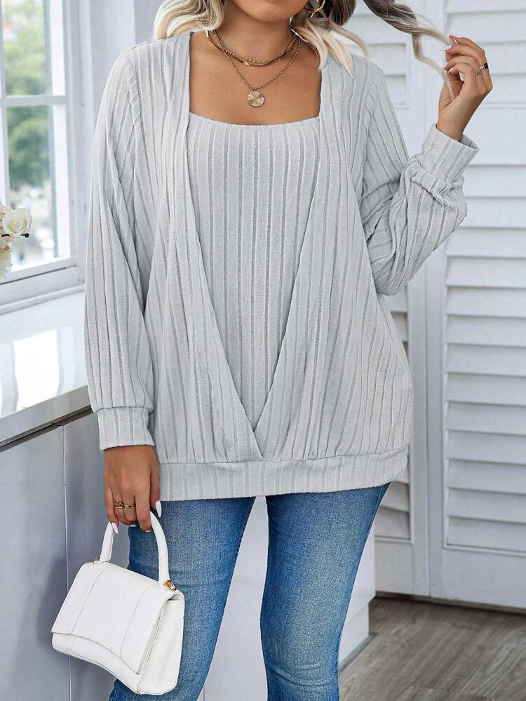 Plus Solid Ribbed Knit Sweatshirt Pullover Fall Winter Sweatshirt Autumn