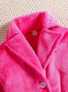 Teen Girl Lapel Neck Belted Fleece Coat - Hot Pink - View 4