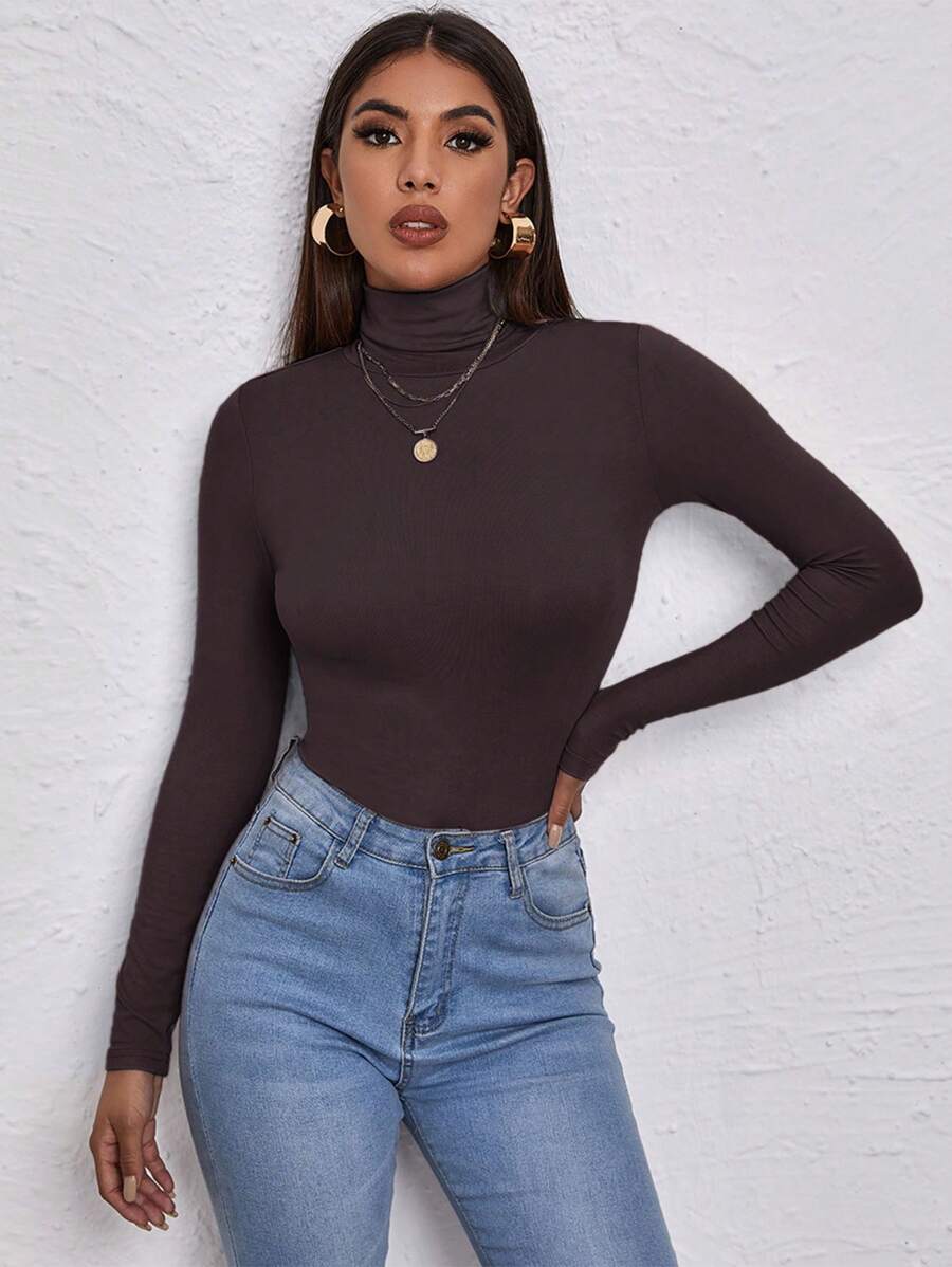 RueChic Mock Neck Slim Tee - Chocolate Brown - View 1