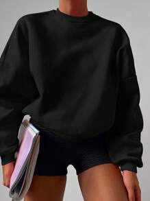 EURMUSE Solid Drop Shoulder Sweatshirt - Black - View 3