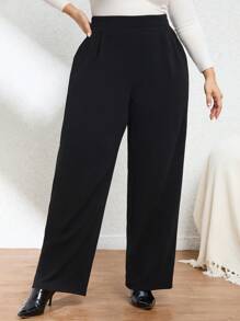 SHEIN Privé بنطلون نسائي مستقيم أنيق بمقاس كبير - الأسود - مشاهدة 5