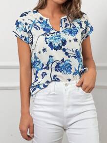 RueChic Floral Print Notched Neckline Batwing Sleeve Blouse - Blue and White - View 1