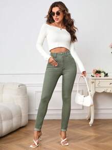 SHEIN Tall 女款修身牛仔褲，適合高個女性 - 橄欖綠 - 查看 3