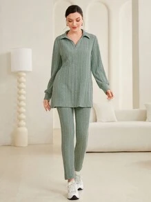 Mulvari 女士肋紋針織上衣和褲子套裝 - 綠色 - 查看 1