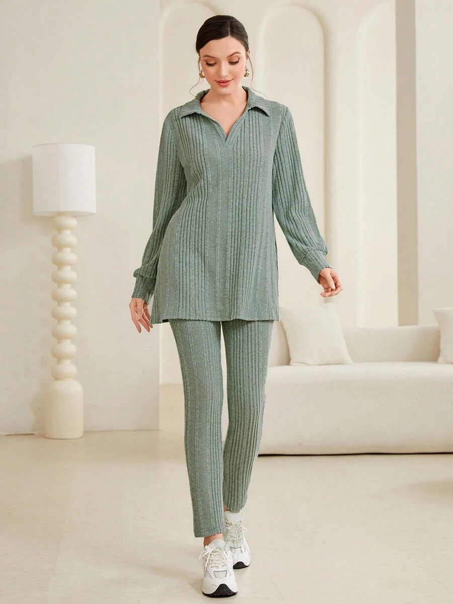 Mulvari 女士肋紋針織上衣和褲子套裝 - 綠色 - 查看 1