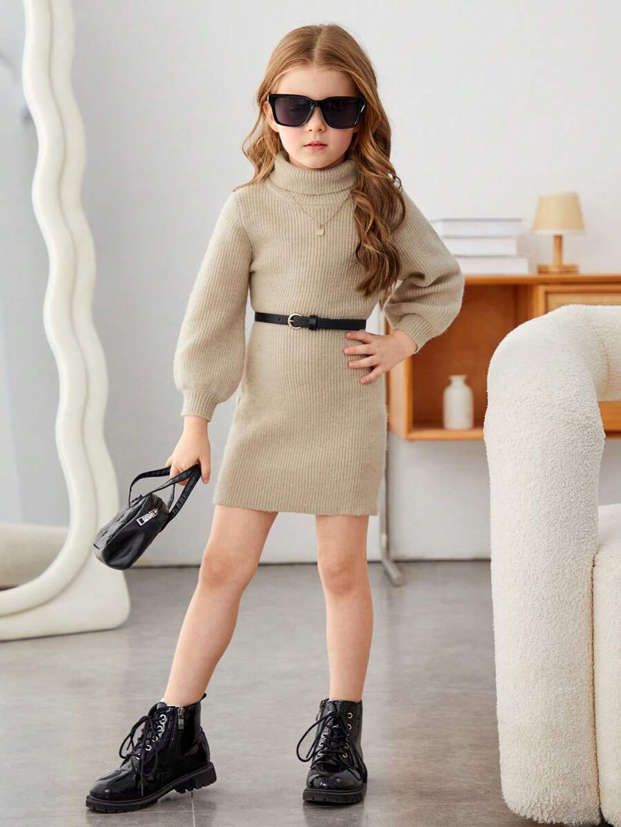 SHEIN Nhỏ bé Cô gái Màu thuần Cổ áo cao Tay áo lồng đèn Đầm Áo len ( Thắt lưng Không bao gồm ) - Màu be - Xem 1