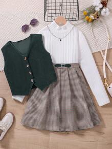 SHEIN 秋冬季女童三件套：高领羊毛上衣、毛衣背心、刺绣百褶裙 - 杏色 - 查看 1