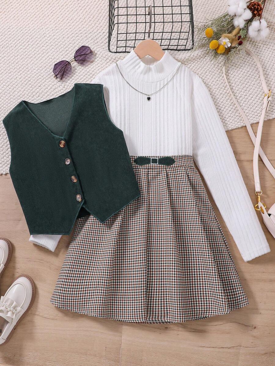 SHEIN 秋冬季女童三件套：高领羊毛上衣、毛衣背心、刺绣百褶裙 - 杏色 - 查看 1