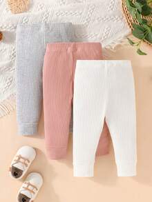 SHEIN Baby Boy 3pcs Letter Patched Detail Ribbed Knit Pants - Multicolor - View 2
