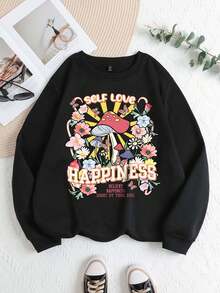 SHEIN LUNE 大碼字母&蘑菇圖案加絨內裏運動衫 - 黑色 - 查看 1