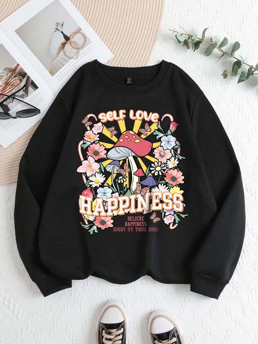 SHEIN LUNE 大碼字母&蘑菇圖案加絨內裏運動衫 - 黑色 - 查看 1