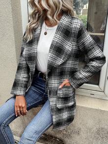 SHEIN LUNE 女式格子披肩領大衣 - 黑色 - 查看 6