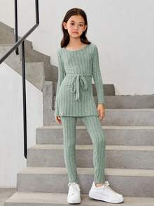 SHEIN Tween Girl Solid Belted Tee & Leggings - Olive Green - View 3