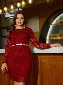 SHEIN Clasi Talla grande Vestido ajustado unicolor con encaje - Rojo - Ver 6