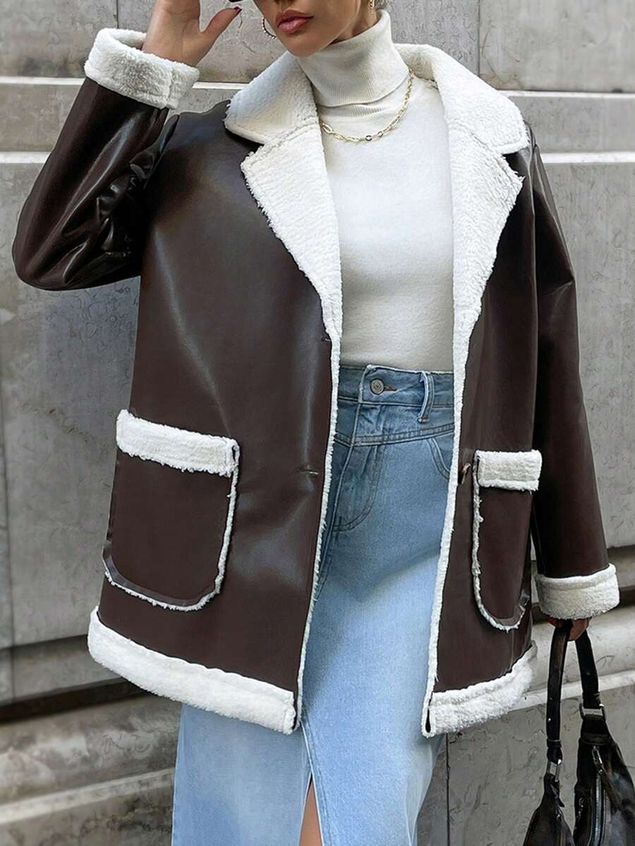 SHEIN Cottnline Dual Pocket Drop Shoulder Teddy Lined Coat - Brown - View 1