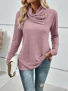 EMERY ROSE Cowl Neck Button Detail Tee - Dusty Pink - View 3