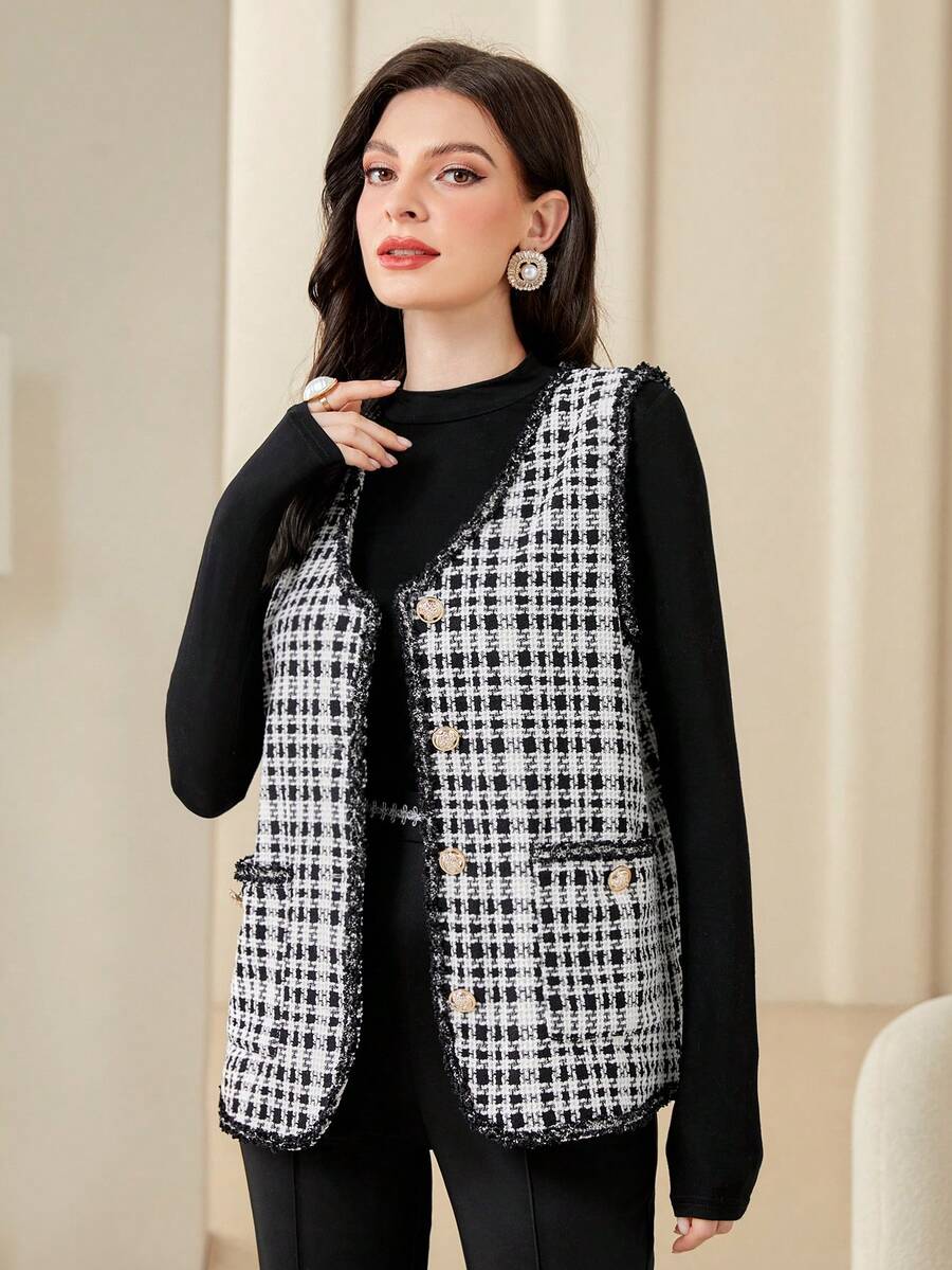 Modelyn Women's Tartan Vest Jacket - Black and White - View 1