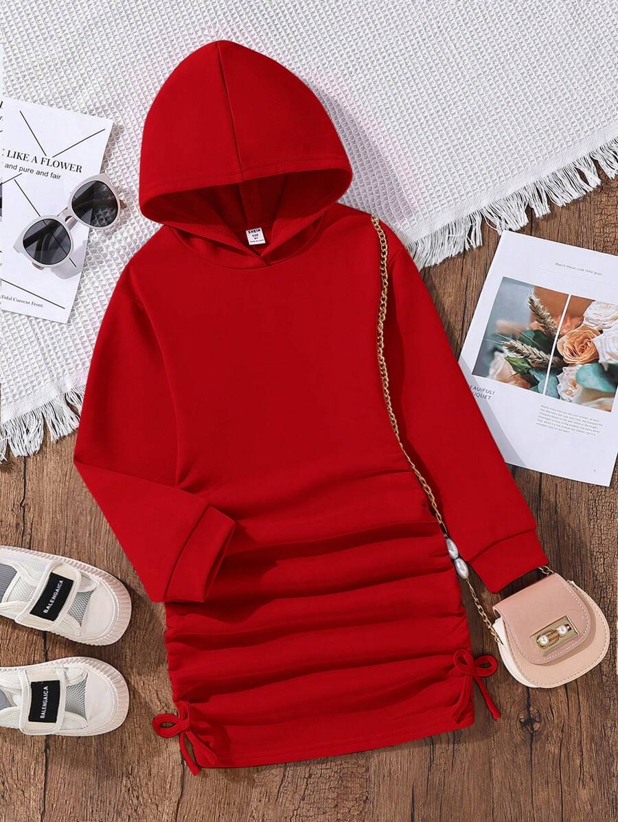 SHEIN Cô gái Tween Chất rắn Bên dây rút Đàm áo cánh có mũ - Đỏ - Xem 1