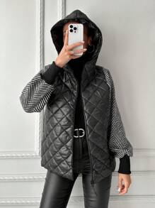 SHEIN 女式連帽棉衣,拼接袖子設計 - 黑色 - 查看 5