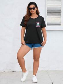 SHEIN EZwear Hơn Sọ & Đồ họa Khẩu hiệu Áo thun - màu đen - Xem 3