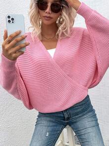 SHEIN Frenchy tay cánh Bọc Buộc lại Áo len - Hồng - Xem 6