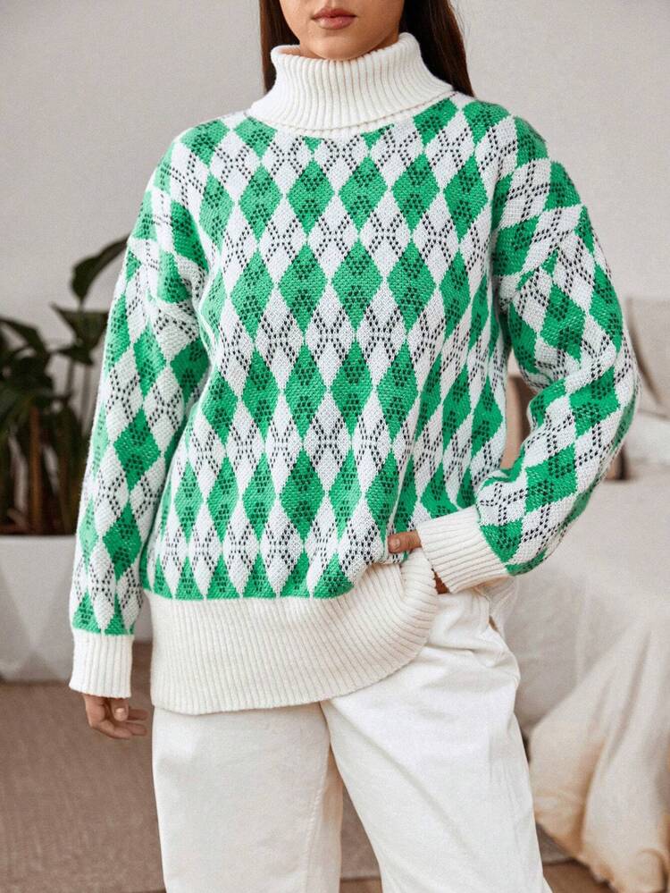 Plus Argyle Pattern Turtleneck Drop Shoulder Sweater Knit Pullover Fall Winter Sweater