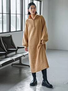 FRIFUL Half Zip Drop Shoulder Sweater Dress - Khaki - View 3