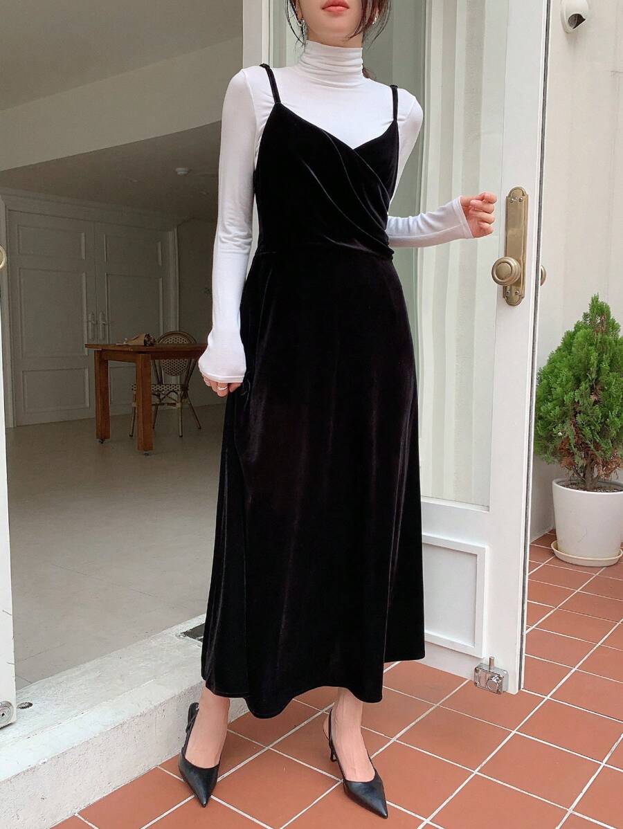 DAZY Solid Velvet Cami Dress Without Tee Fall,Winter - Black - View 1