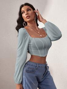 SHEIN Unity Tay áo lồng đèn Top Cây trồng - Màu xanh lam - Xem 4
