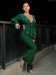 SHEIN SXY Plunging Neck Tie Front Crop Top & Flare Leg Pants - Green - View 1